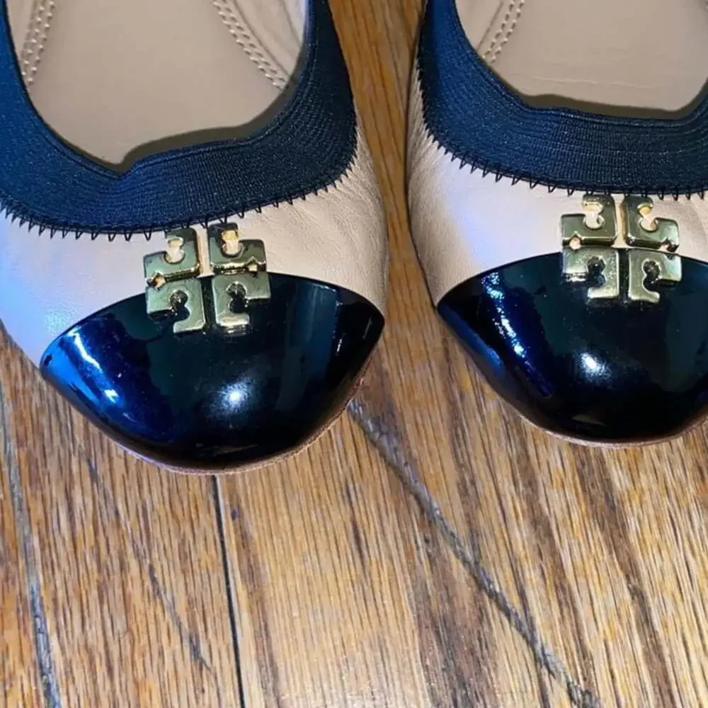 Tory Burch Ballet Flats, Beige Leather with Black Cap Toe - Women's Size 7